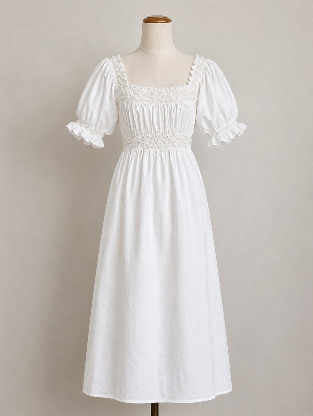 DÔEN White Smocked Cotton Puff Sleeve Midi Dress Size XS